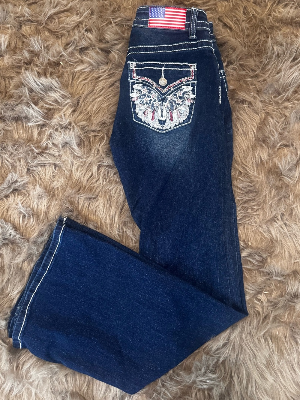Western dark wash mid rise denim bootcut rhinestones patriotic American flag